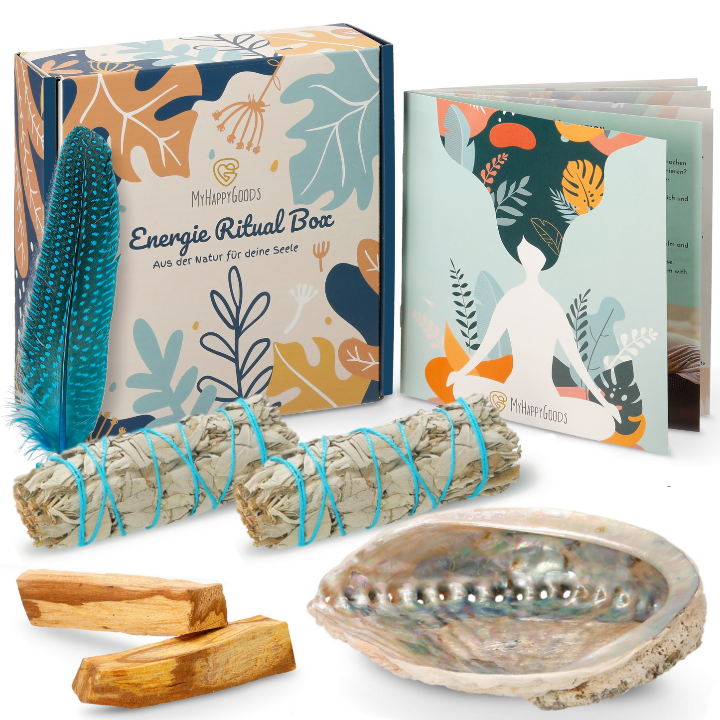 PREMIUM - Smudge Kit Räucherset, Abalone Schale, Feder, 2xWeißer Salbei, 2xPalo Santo, inkl. Anleitung (Deutsch & Englisch) Kopieren