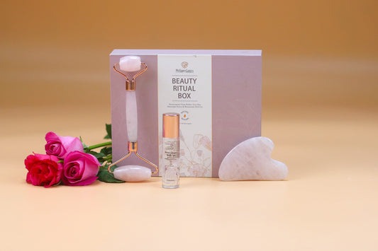 BEAUTY RITUAL BOX - Rosenquarz Roller, Gua Sha und Roll-on mit Bio Rosenwasser