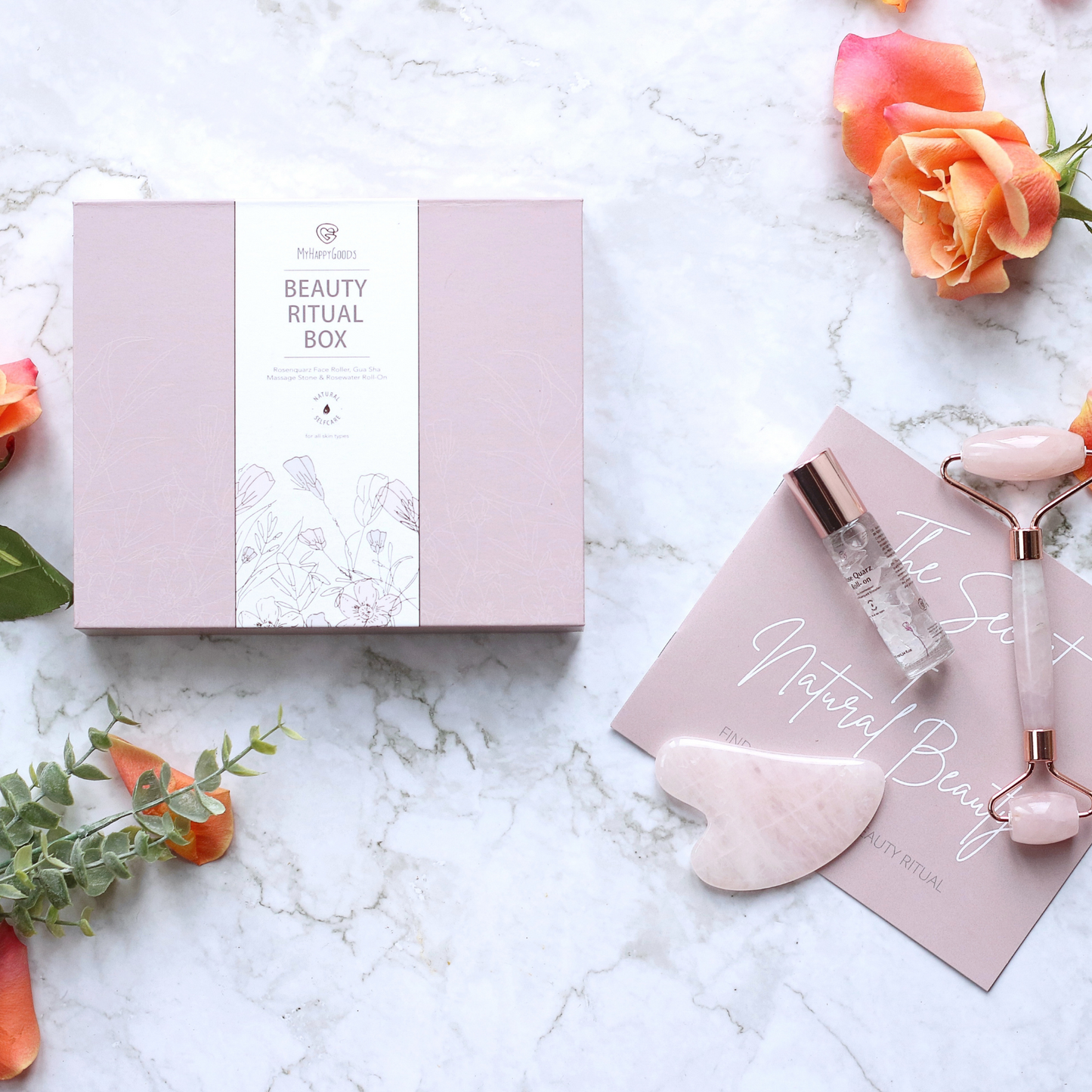 BEAUTY RITUAL BOX - Rosenquarz Roller, Gua Sha und Roll-on mit Bio Rosenwasser