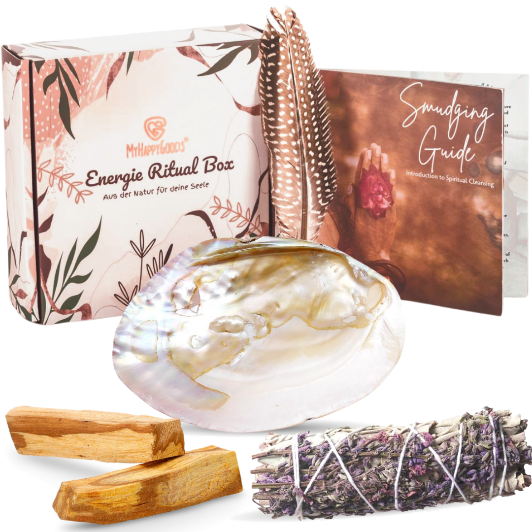 Räucherbündel Weißer Salbei mit Lavendel & Palo Santo im Räucherset mit Perlmutt Muschel als Räucherschale