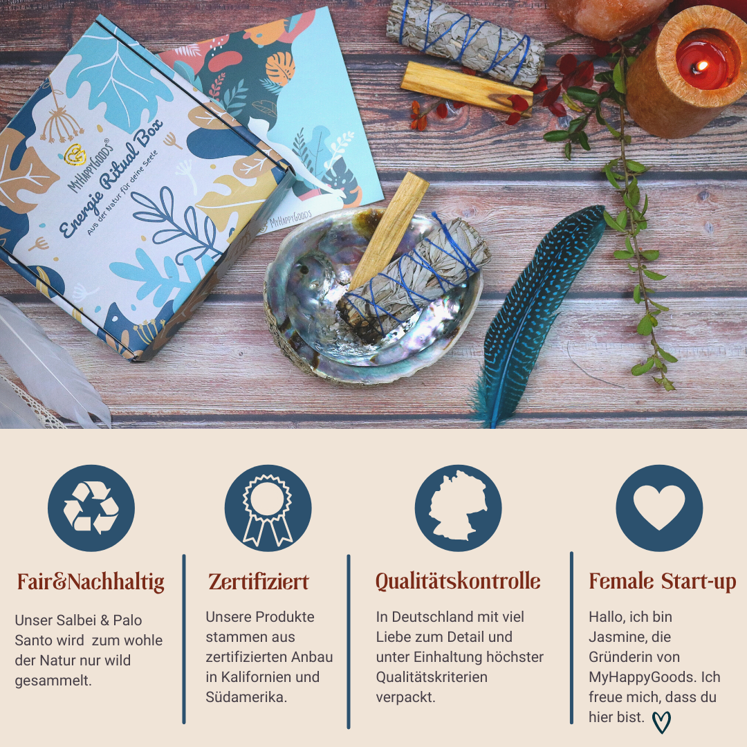 PREMIUM - Smudge Kit Räucherset, Abalone Schale, Feder, 2xWeißer Salbei, 2xPalo Santo, inkl. Anleitung (Deutsch &amp; Englisch) Kopieren