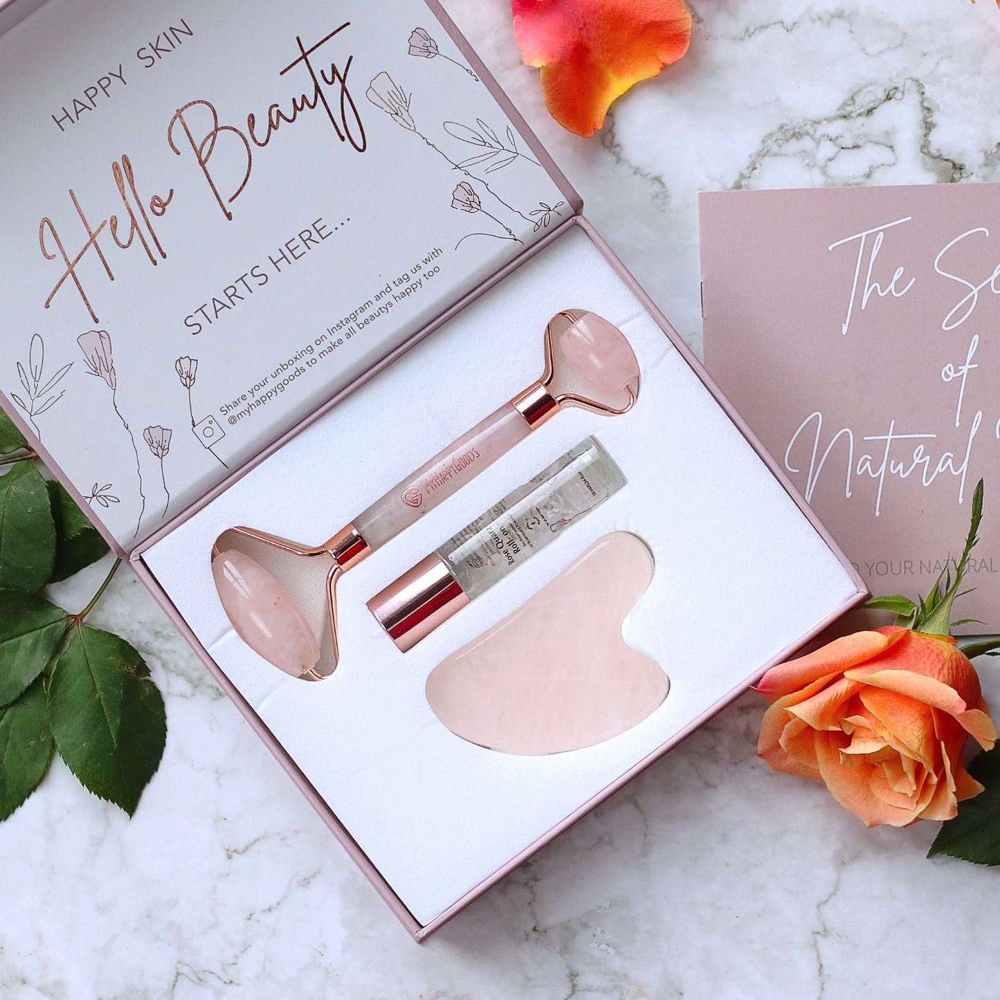 BEAUTY RITUAL BOX - Rosenquarz Roller, Gua Sha und Roll-on mit Bio Rosenwasser