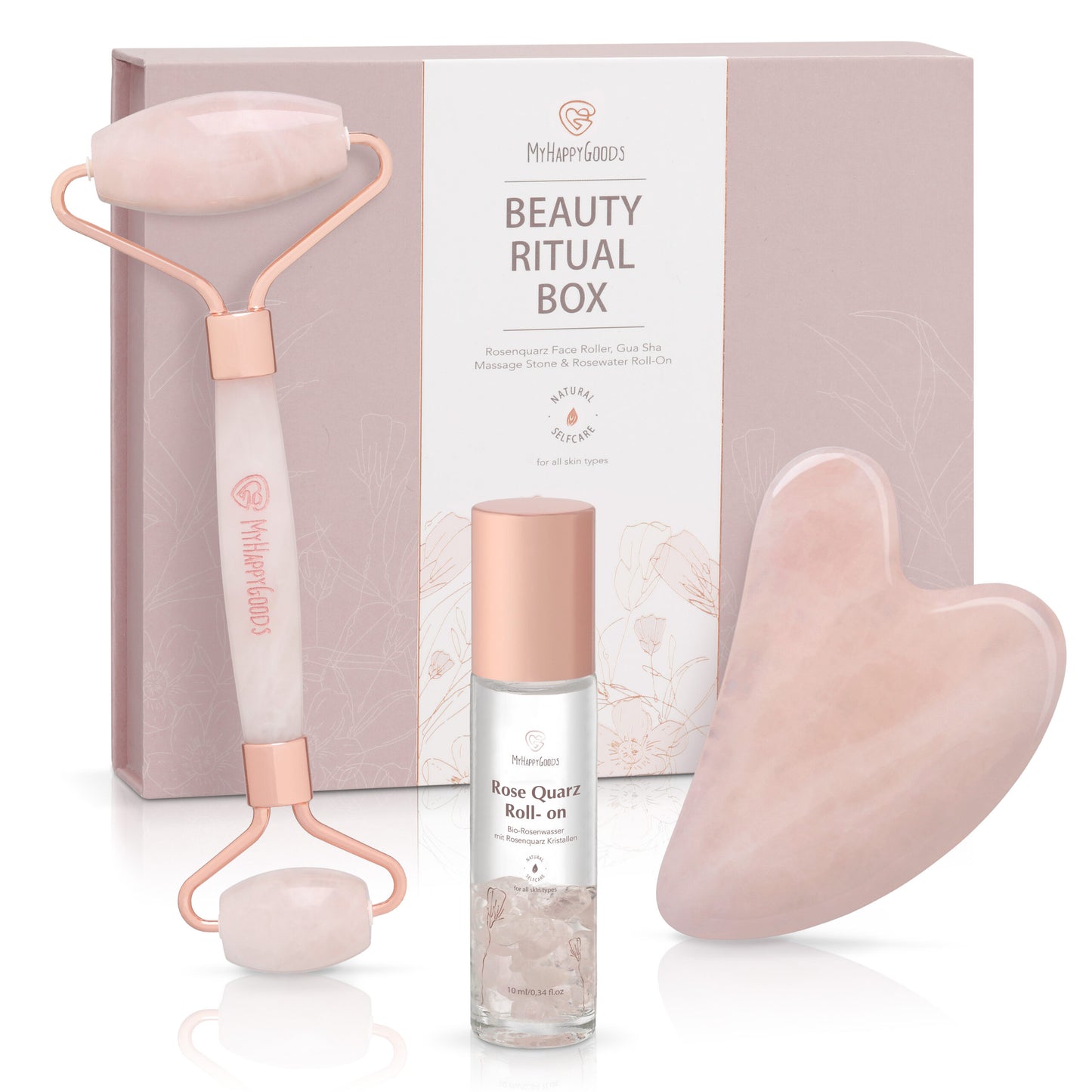 BEAUTY RITUAL BOX - Rosenquarz Roller, Gua Sha und Roll-on mit Bio Rosenwasser