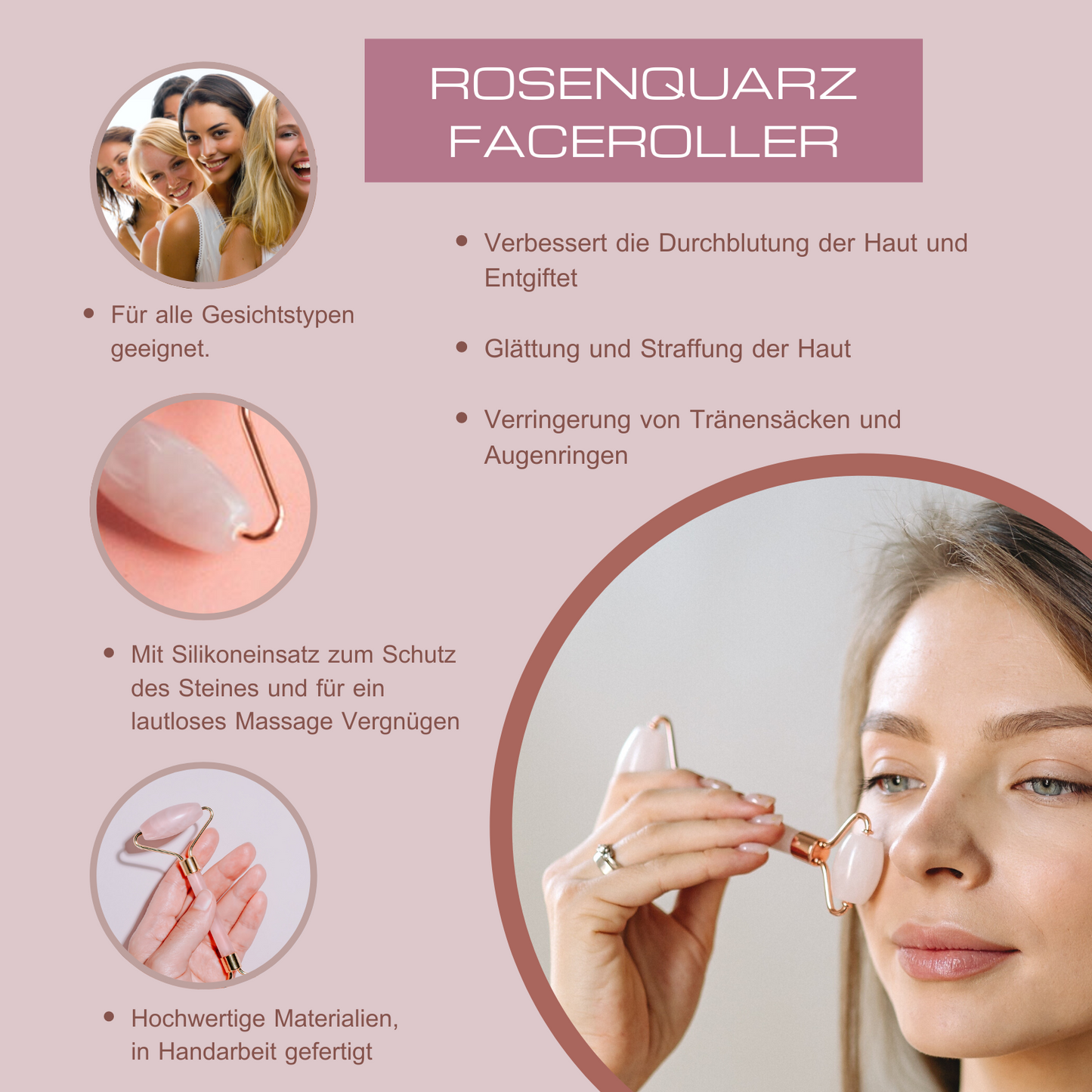 BEAUTY RITUAL BOX - Rosenquarz Roller, Gua Sha und Roll-on mit Bio Rosenwasser