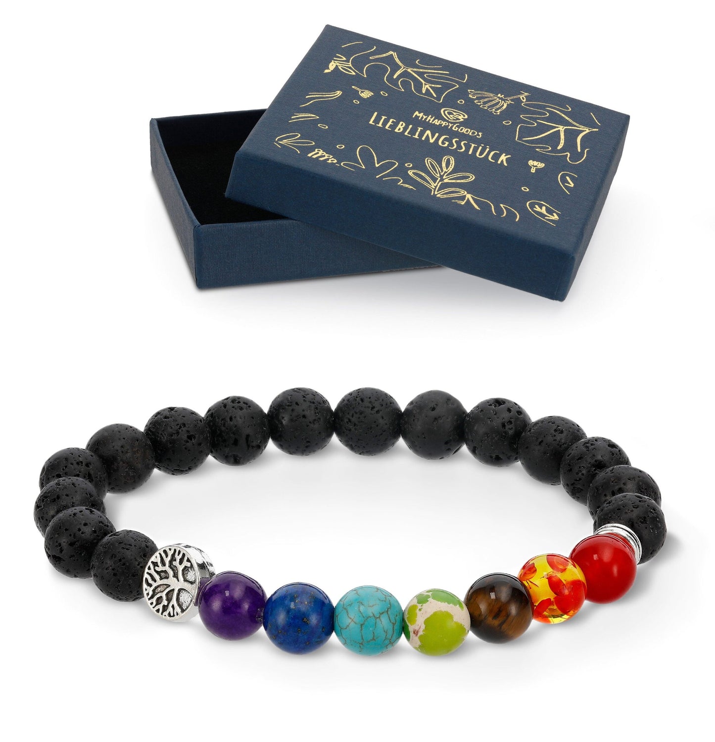 Chakra Lavastein Armband 8 mm Perlenarmbänder Naturstein Lebensbaum Geschenk für Mann und Frau in Geschenkbox.