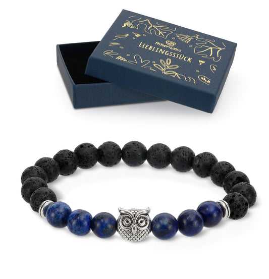 Chakra Lavastein Armband 8 mm Perlenarmbänder Naturstein Eule Geschenk für Mann und Frau mit Geschenkbox.