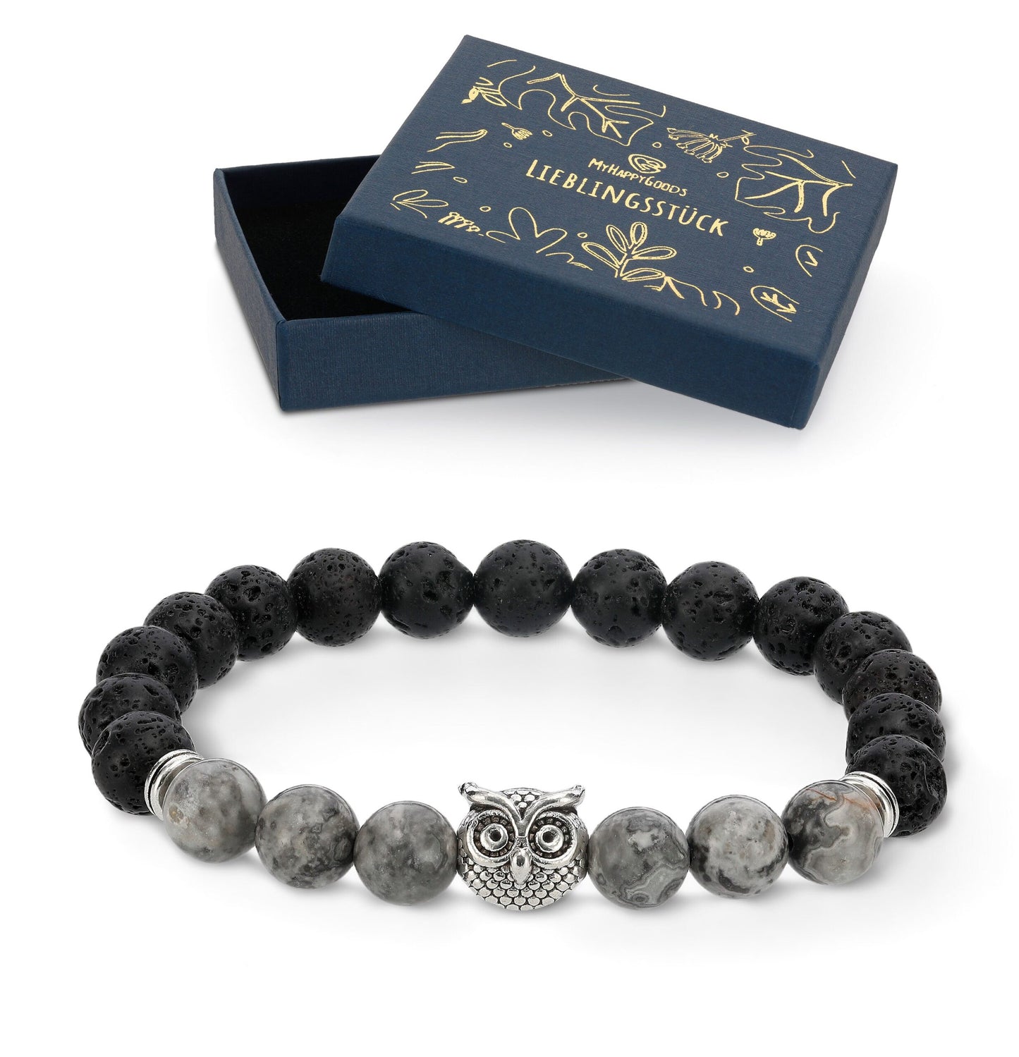 Chakra Lavastein Armband 8 mm Perlenarmbänder Naturstein Eule Geschenk für Mann und Frau mit Geschenkbox.
