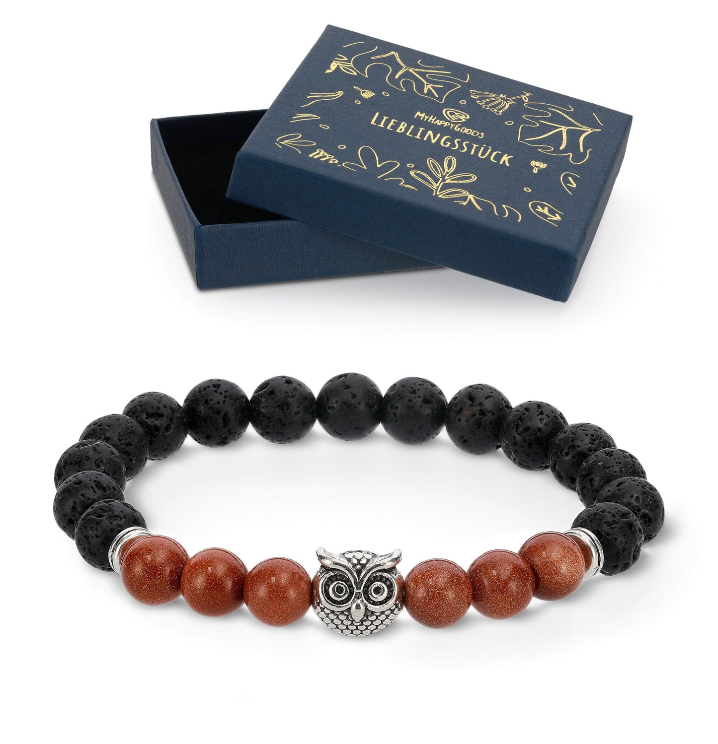 Chakra Lavastein Armband 8 mm Perlenarmbänder Naturstein Eule Geschenk für Mann und Frau mit Geschenkbox.