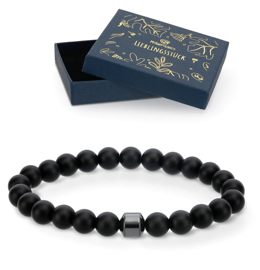 Hematit - Glas 8mm Perlenarmband Edelstein mit hochwertigen elastischen und reißfesten Band. Geschenk für Mann und Frau in Geschenkbox.