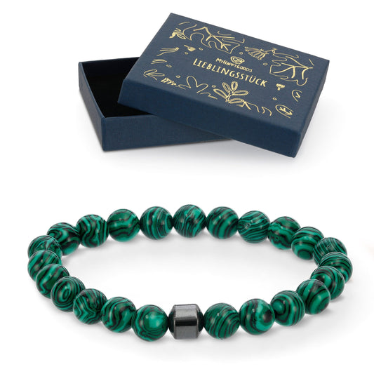 Hematit - Malachit 8mm Perlenarmband Edelstein mit hochwertigen elastischen und reißfesten Band. Geschenk für Mann und Frau in Geschenkbox.