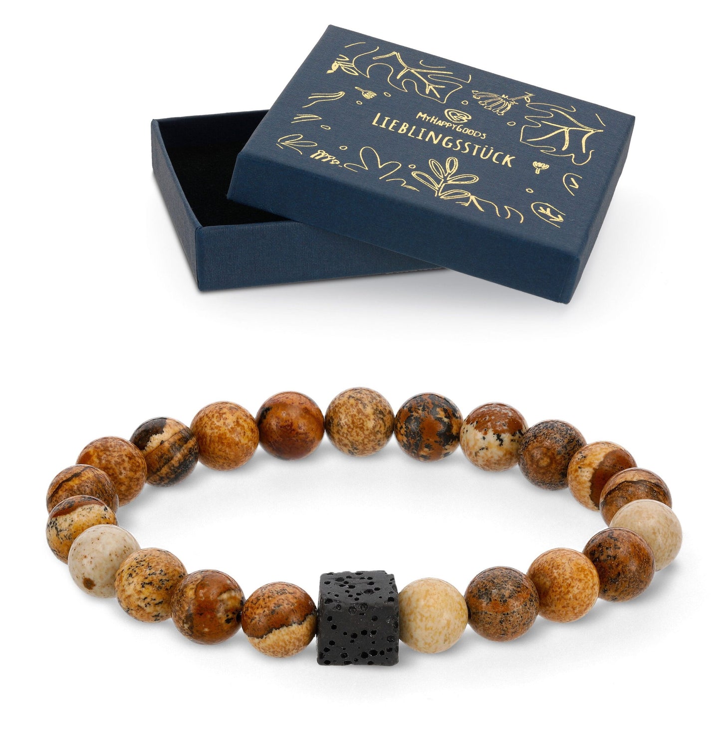 Naturstein Armband 8 mm  Quadratisches vulkanisches Lavasteinarmband. Geschenk für Mann und Frau in Geschenkbox.