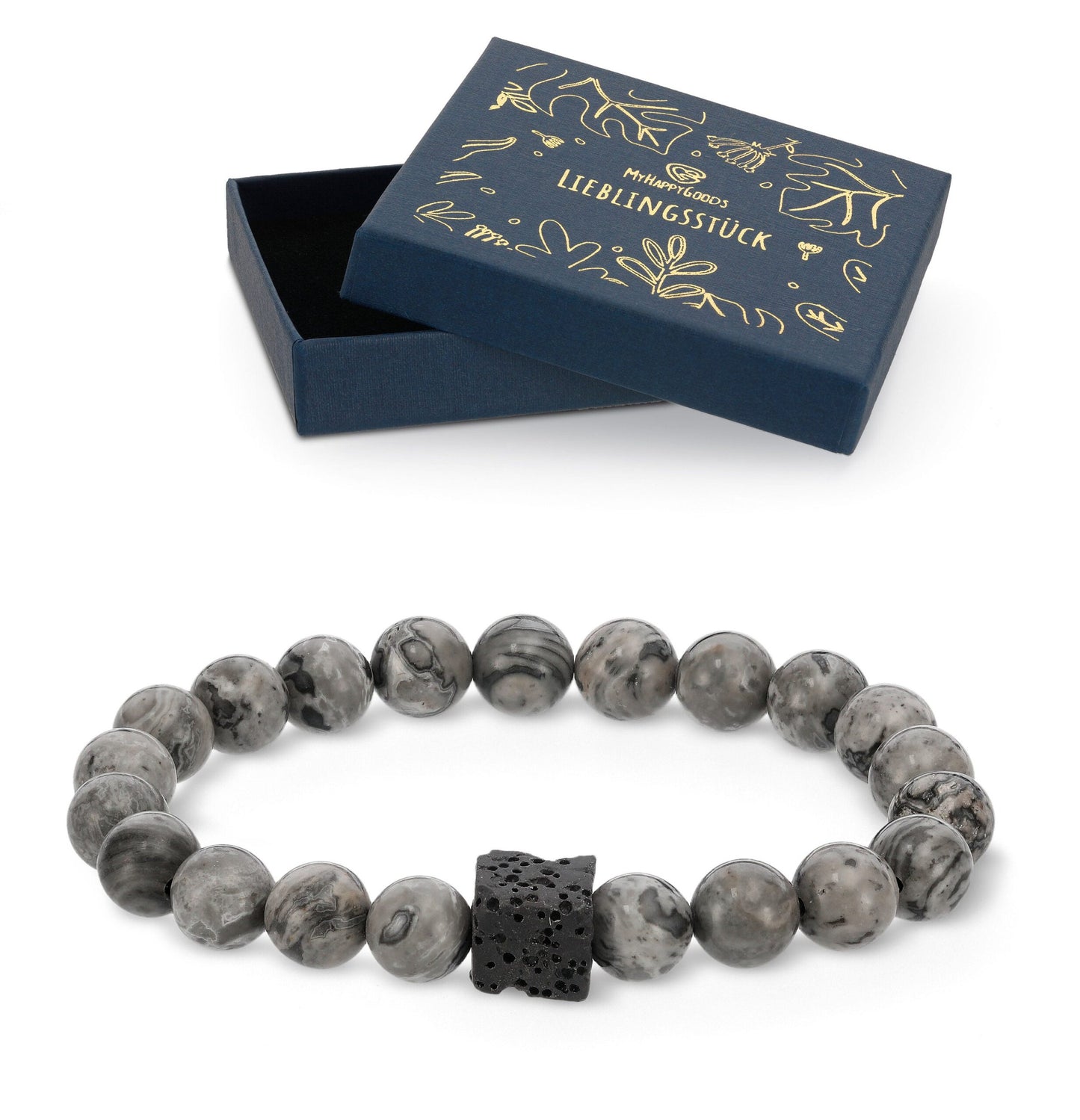 Naturstein Armband 8 mm  Quadratisches vulkanisches Lavasteinarmband. Geschenk für Mann und Frau in Geschenkbox.