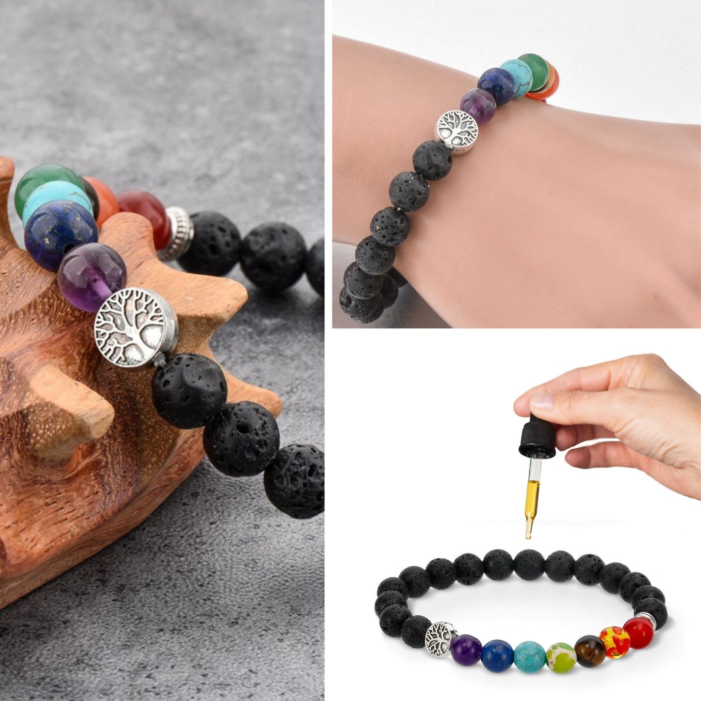 Chakra Lavastein Armband 8 mm Perlenarmbänder Naturstein Lebensbaum Geschenk für Mann und Frau in Geschenkbox.