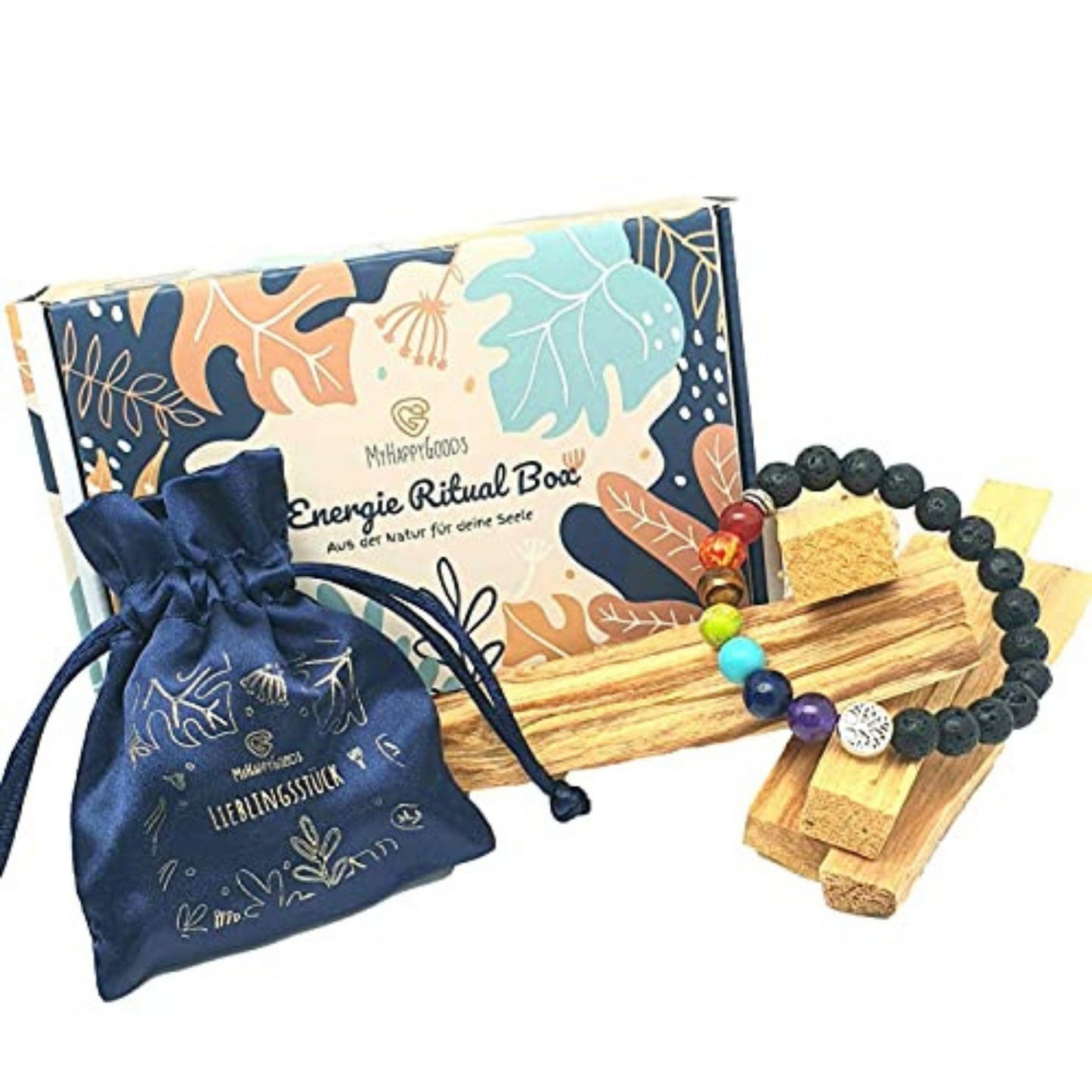 Räucherset - 50 g Palo Santo - 7 Chakra Perlenarmband für Damen und Herren - Yoga Armband - Meditation Inkl. wunderschöner Geschenkbox
