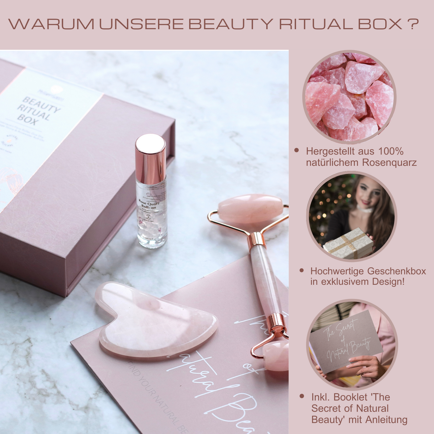 BEAUTY RITUAL BOX - Rosenquarz Roller, Gua Sha und Roll-on mit Bio Rosenwasser